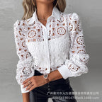 Lace Blouses For Women Elegant Office White Shirt Long Sleeve Button Turn-down Collar Sexy Hollow Tops Fashion Women's Clothing - Matrix-studios.com
