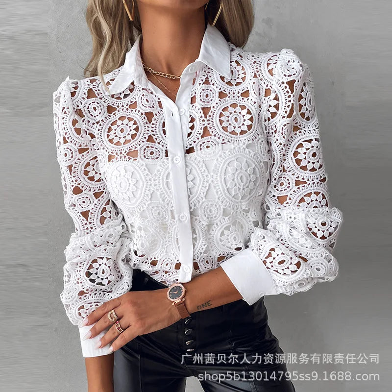 Lace Blouses For Women Elegant Office White Shirt Long Sleeve Button Turn-down Collar Sexy Hollow Tops Fashion Women's Clothing - Matrix-studios.com