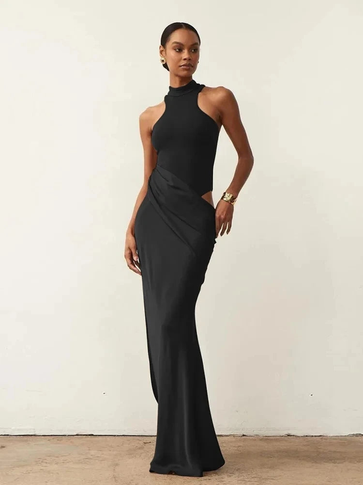 JULISSA MO Satin Sexy Hollow Out Women Maxi Dress Black Sleeveless High Waist Dress Female Autumn Skinny Elegant Party Clubwear - Matrix-studios.com