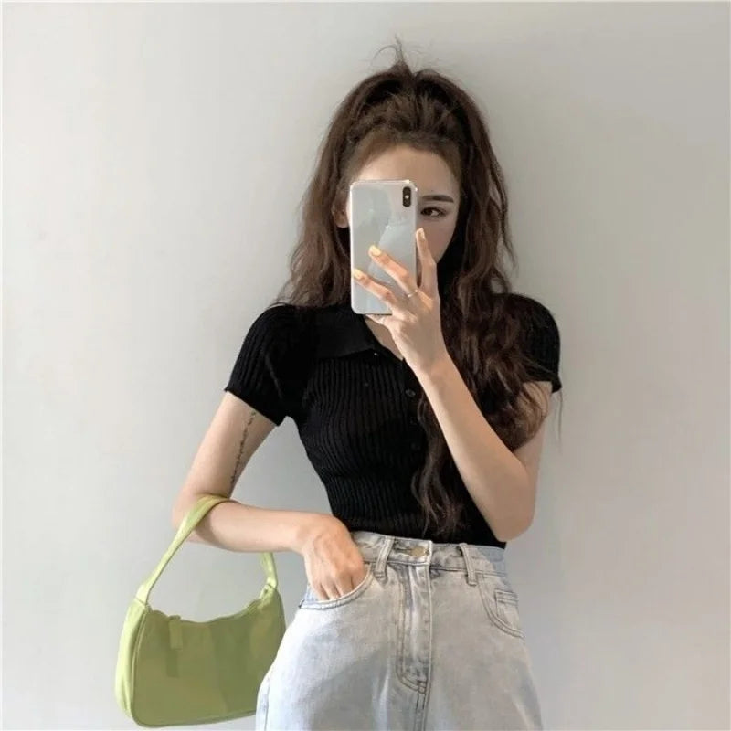 New Polo Women TShirt Ribbed Knitted Sexy Tops Summer Basic Shirts Skinny Slim Casual Short Sleeve Vest Women's Top White Black - Matrix-studios.com