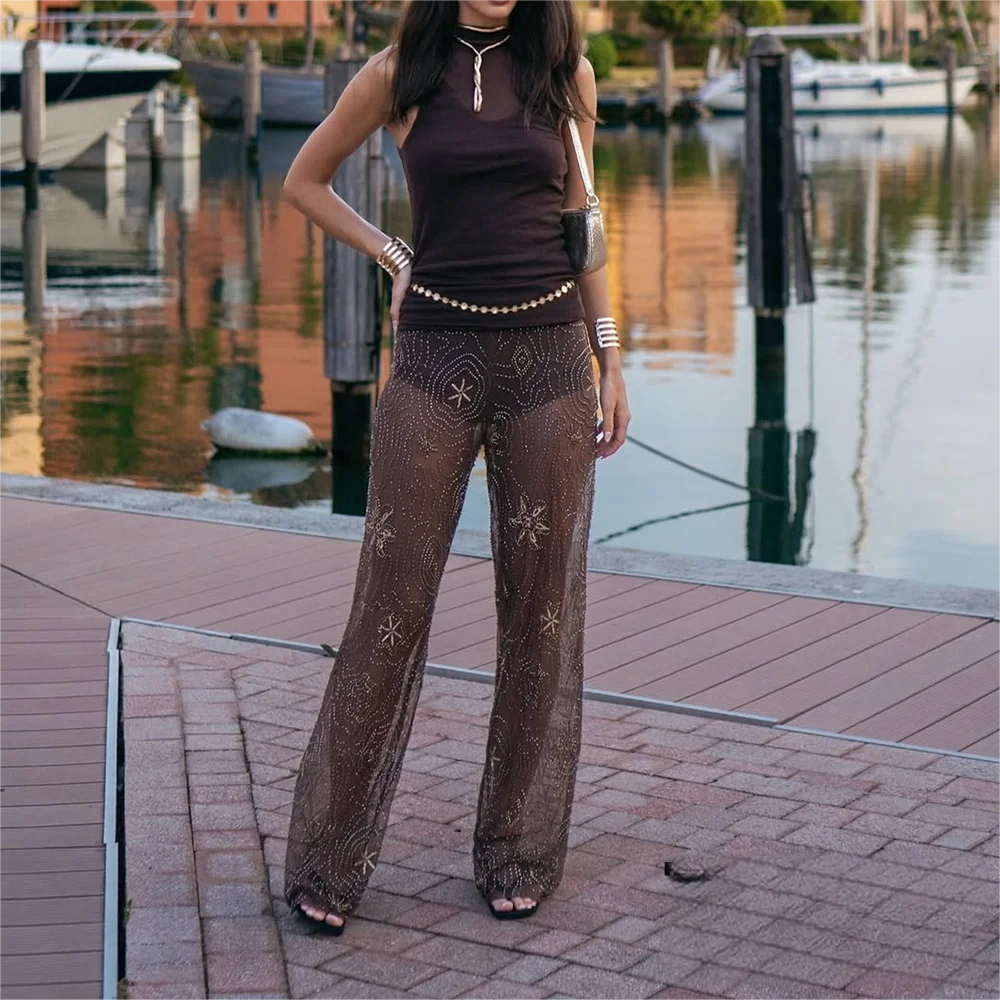 KONDALA Sexy Chic Women Transparent Pants Sequins Straight Wide Leg Pants Fashion 2025 Spring Summer Holiday Party Trousers