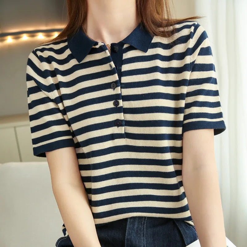 WinvyNee Summer Women 100% Cotton Striped Polo T Shirt Women Clother Tops Short Sleeve  Sweater Casual Basic Pullover A1002004 - Matrix-studios.com