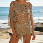 Women's Tassel Knit Ponchos Sparkly Sequin Loose Fit Hollow Out Handmade Crochet Shrug Shawl Casual Cover Ups Beachwear - Matrix Studios