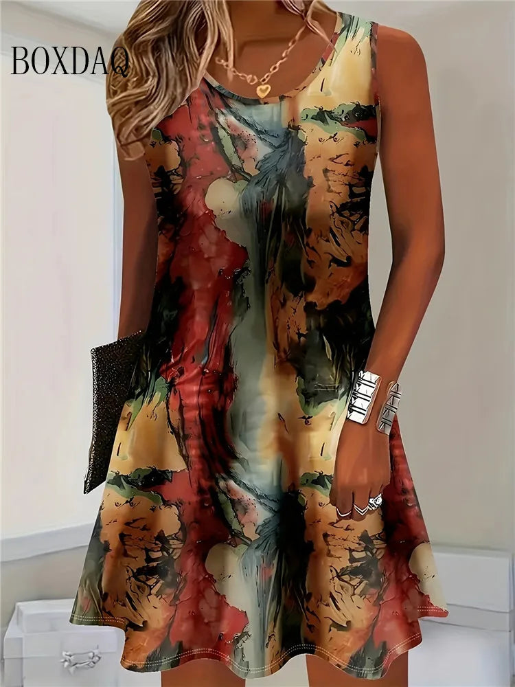 2025 Women Summer Sleeveless Bohemian Dress Fashion Imitate Cowboy Vest Flowers Print Dress Casual Tank Beach Dresses For Women - Matrix-studios.com