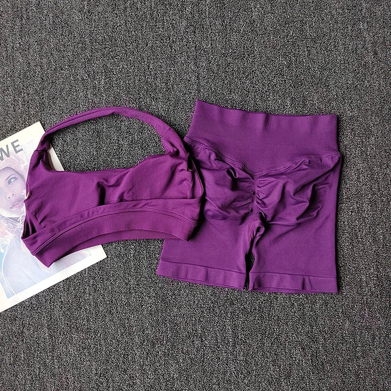 2PCs Peach High Waist Belly Hip Lifting Sports Bras Shorts Suit Gathering Shock-proof Neck Halter Yoga Suit Running Fitness Set - Matrix-studios.com
