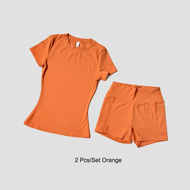 Sports Sets Fitness Hip-lifting Tight Top Short Sleeve Running Workout Gym Shorts Tracksuits For Women Breathable Sports Suits - Matrix-studios.com