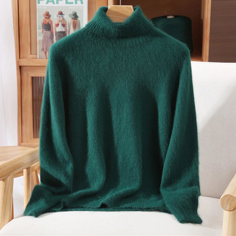 Autumn And Winter New 100% Mink Cashmere Sweater Ladies' High Lapel Solid Color Padded Pullover Wool Knitted Bottoming Shirt - Matrix Studios
