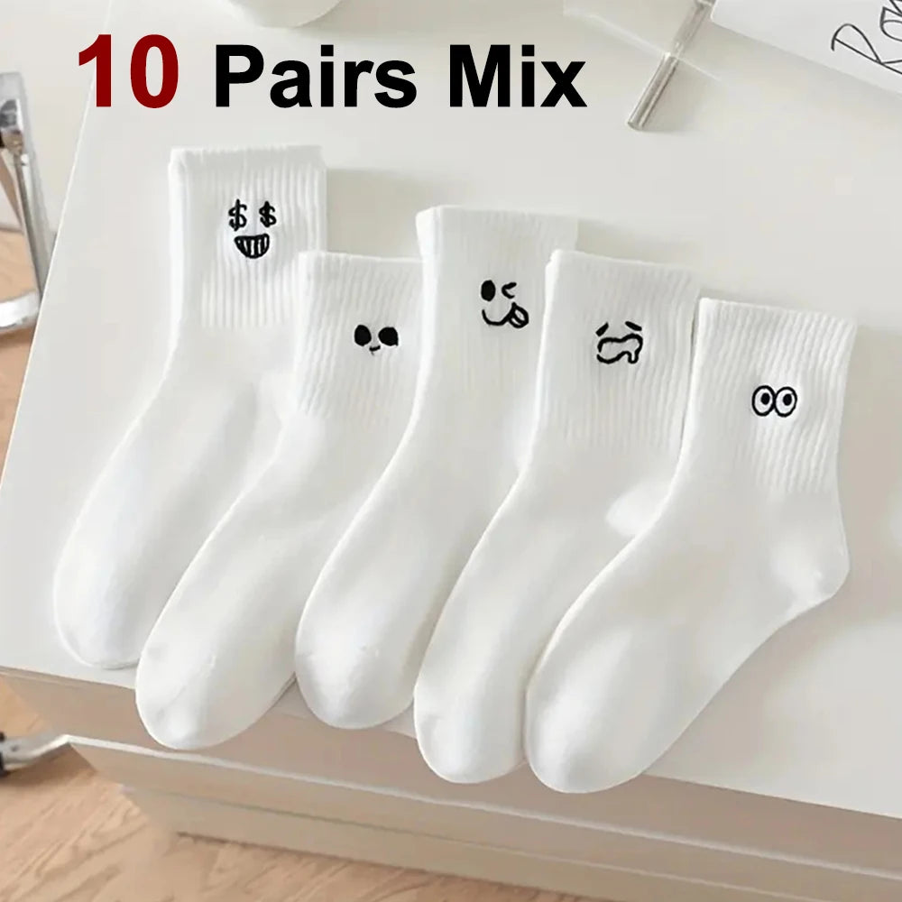 5/10 Pairs Women White Cartoon Socks Trendy Versatile Expression Socks Simple Design Soft Breathable Comfortable Casual Socks - Matrix Studios