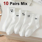 5/10 Pairs Women White Cartoon Socks Trendy Versatile Expression Socks Simple Design Soft Breathable Comfortable Casual Socks - Matrix Studios