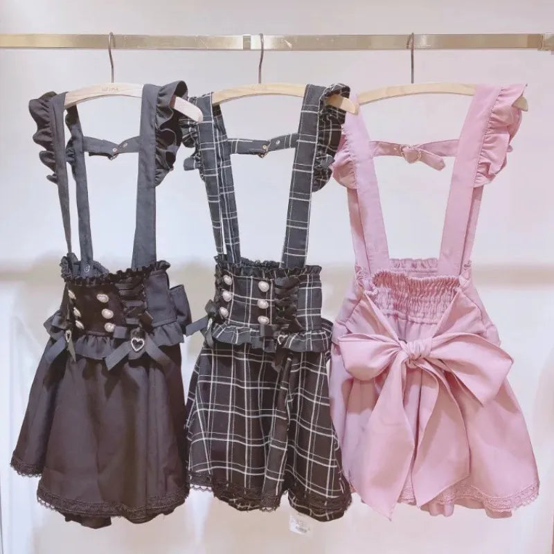 Japanese Gothic Lolita Ribbon Short Suspender plaid Skirt Girls Sweet Cute Lace A-Line Mini Skirts summer2026 black solid kawaii - Matrix-studios.com