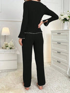 2-Piece Women's Autumn and Winter Pure Color Elegant Bow Women's Simple Long-Sleeved Pants Pajama Set Leisure home clothing - Matrix-studios.com