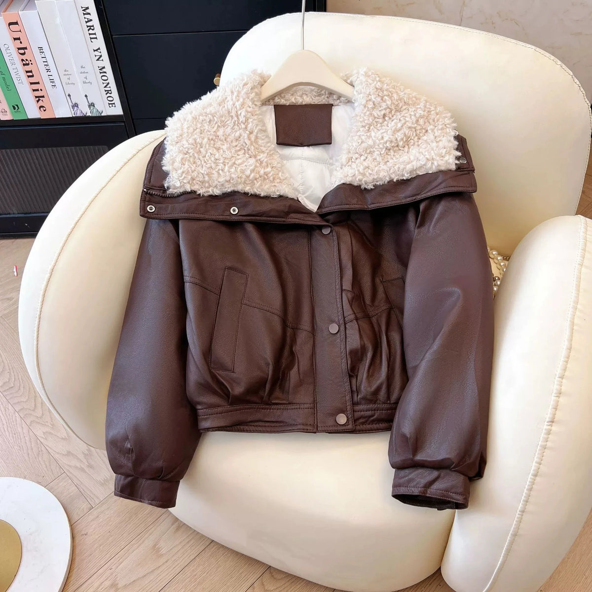 Lambskin Large Fur Collar Fake Lambskin Leather Jacket 2025 New Women Autumn Winter Jacket Coat Korean Loose Down Cotton Jacket - Matrix Studios