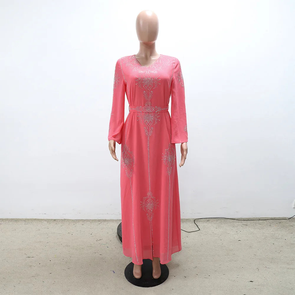 Polyester Muslim Abaya for Women Summer Elegant Orange Blue Pink Green Muslim Women Long Sleeve V-neck Polyester Long Abaya - Matrix-studios.com
