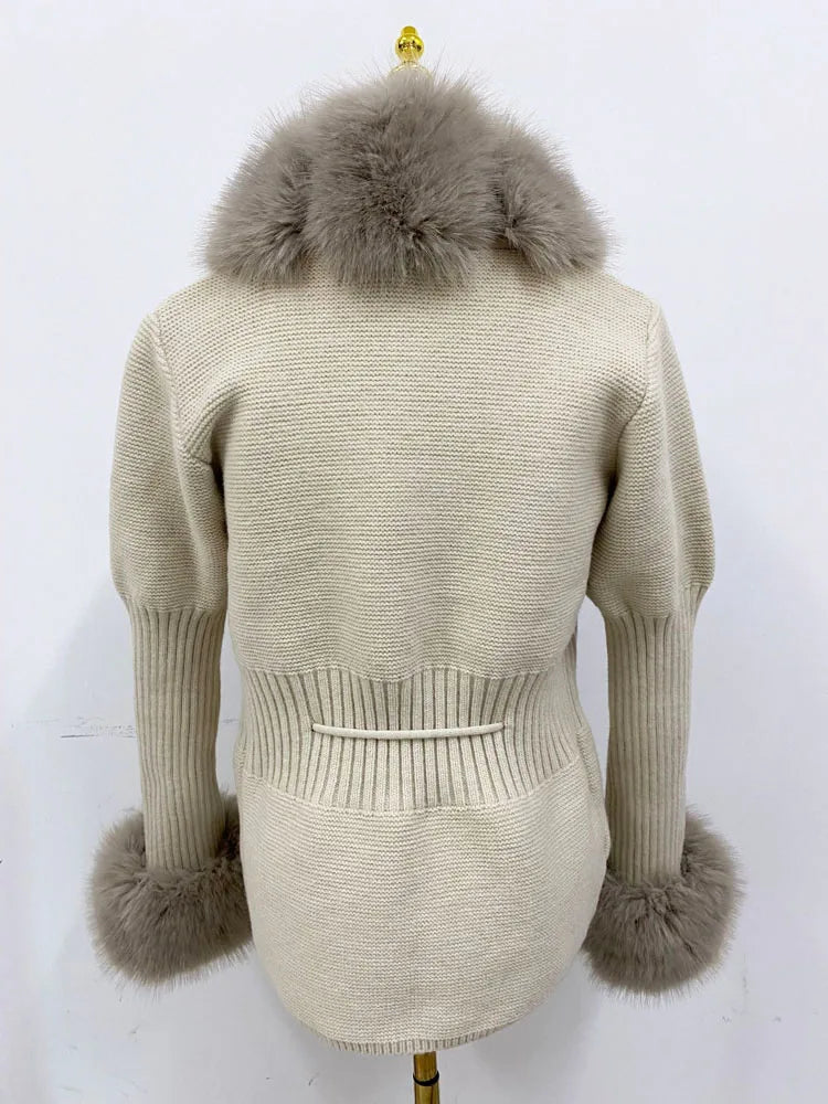 ZADORIN Autumn Winter Women Faux Fur Coat Luxury Knitted Sweater Fur Cardigan Detachable Collar White Pink Jacket Faux Fur Coats - Matrix Studios