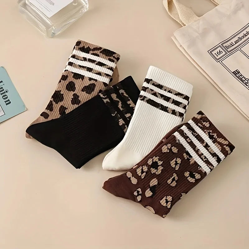 4 Pairs Women's Striped Socks Soft Comfortable Casual Sports Sock Leopard Print  Breathable Fashion Middle Tube Sox High Quality - Matrix Studios