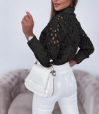 Women's Blouses Hollowed Out Long Sleeved Shirt Casual Solid Button Up With Lapel And Open Front Camisas Femininas - Matrix-studios.com