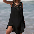 Women V-Neck Backless Hollow Out Short Dress Crochet Splicing Wooden Ear Dress With Colored Balls Beach Swimsuit Cover Up - Matrix Studios
