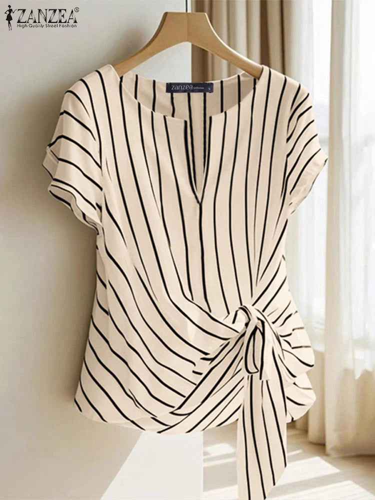 Fashion Stripe Blouse 2025 ZANZEA Summer Women V Neck Short Sleeve Tops Elegant Work OL Shirt Casual Loose Blusas Female Chemise - Matrix-studios.com