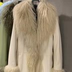 Suede Coat Fur Collar Women Autumn Genuine Sheepskin Coat Long with Mongfolian Fur Trim - Matrix Studios