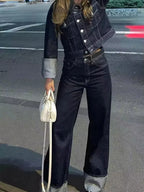 HH Women Fashion Denim Set Casual Lapel Long Sleeve Crop Jacket Buttons Female Vintage Wide Leg Loose Jeans Long Pants - Matrix-studios.com