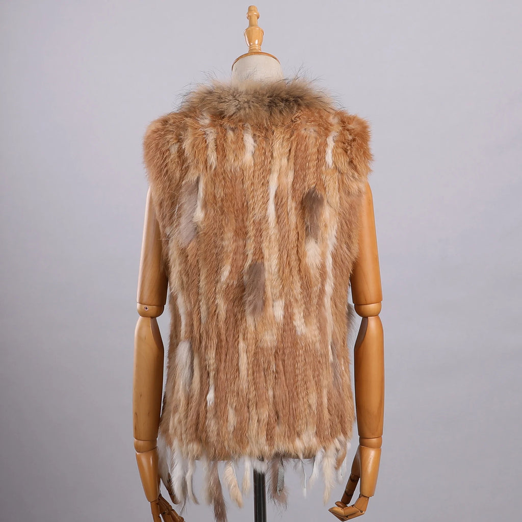BOONJOVIA Women's 100% Real Rabbit Fur Knitted Vest Raccoon Fur Trim Collar Gilet Lady Fashion Waistcoat For Autumn Winter - Matrix Studios