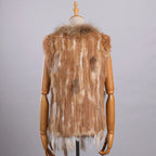 BOONJOVIA Women's 100% Real Rabbit Fur Knitted Vest Raccoon Fur Trim Collar Gilet Lady Fashion Waistcoat For Autumn Winter - Matrix Studios