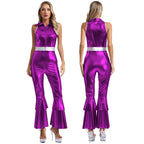 Womens 70S Disco Vintage Jumpsuit Metallic Shiny Flare Sleeve Bodysuit Hippie Bell Bottom Jazz Dance Carnival Rave Party Costume - Matrix Studios