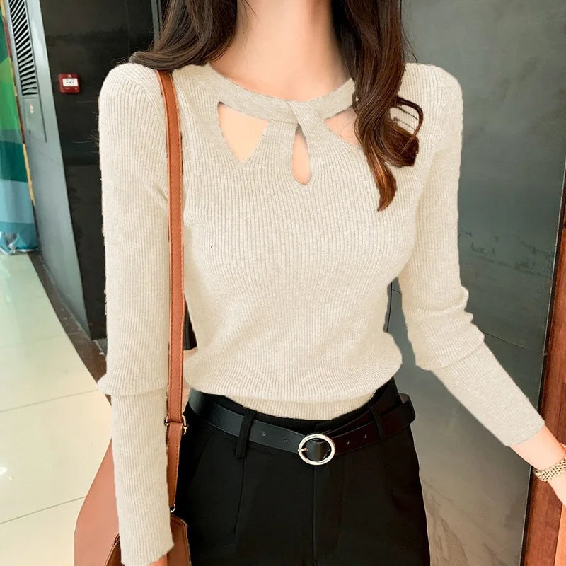2026 Women's O-neck Stretch Sexy Pullover Lady Spring Autumn Hollow Solid Color Sweater Slim Bottoming Shirt Jumper Sueter - Matrix Studios