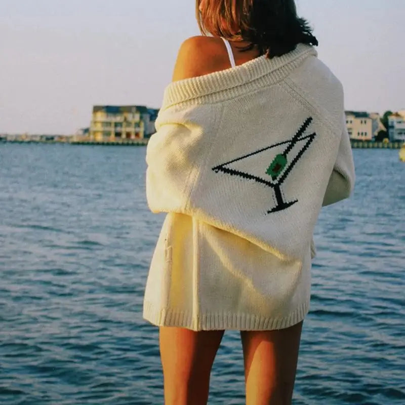 Combhasaki Women Shawl Collar Cardigan Long Sleeve V Neck Y2K Aesthetic Graphic Print Button Down Sweater Knitwear Coat Tops - Matrix Studios