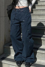 Jeans for Woman Y2k Clothes Relaxed Loose Fit Wide Leg Trousers Vintage American Retro Style with Rivet Patchwork Split Design - Matrix-studios.com