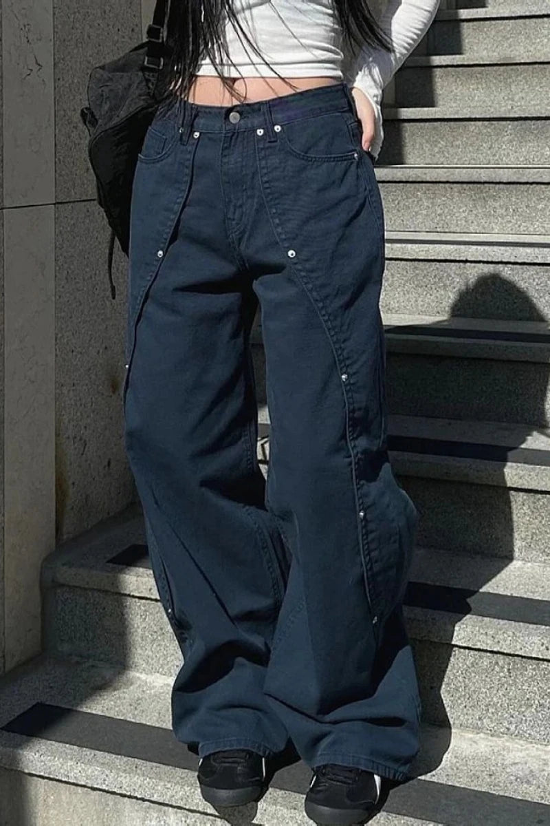 Jeans for Woman Y2k Clothes Relaxed Loose Fit Wide Leg Trousers Vintage American Retro Style with Rivet Patchwork Split Design - Matrix-studios.com