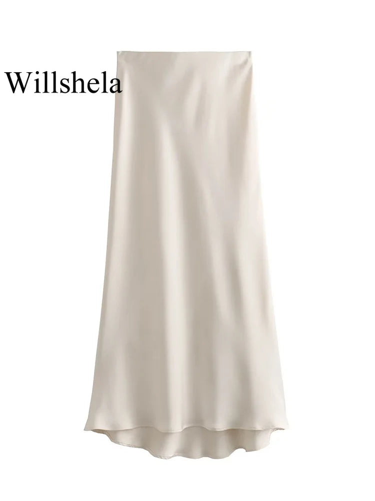 Willshela 2024 Black Satin Skirt Woman High Waist Elegant Long Skirts For Women Fashion Summer Midi Skirt Office Women's Skirts - Matrix-studios.com