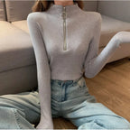 Knitted Women Zipper Half High Neck Sweater Pullovers Autumn Winter Basic Women Sweaters Slim Solid Knitwear Pull Femme Tops - Matrix-studios.com