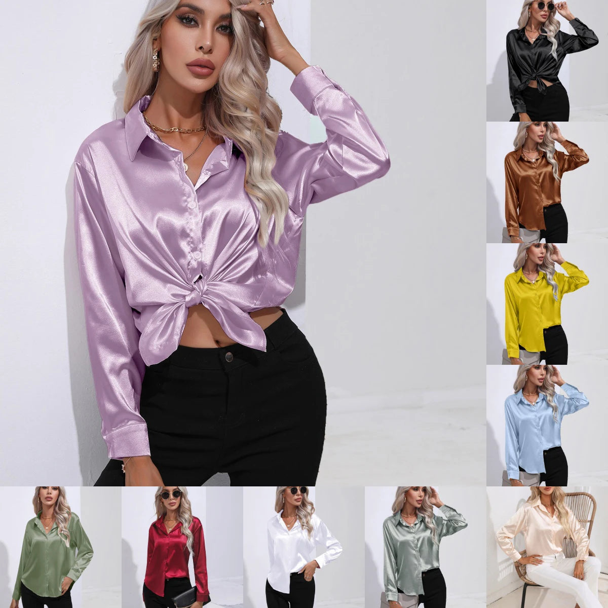 Autumn Casual Women's Blouses Elegant Satin Multicolor Basic Slim Shirt Solid Vintage Trend Ball Dance Party Shirt All-Match Top - Matrix-studios.com