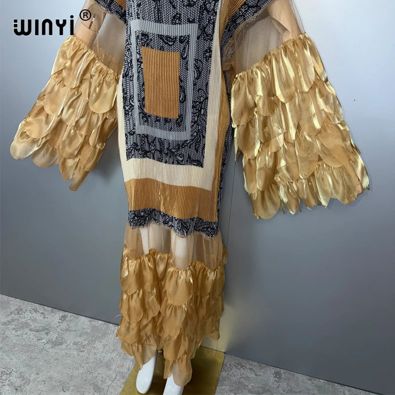 WINYI Pleated Elastic loose dress beach cover up kaftan abaya dubai luxury party dress fashion evening dress abaya muslim woman - Matrix-studios.com