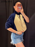 Fashion Color Block 2 Piece Tracksuit Women's Stand Collar Drawstring Cropped Jacket Elastic Waist Pants 2026 Autumn Lady Outfit - Matrix-studios.com