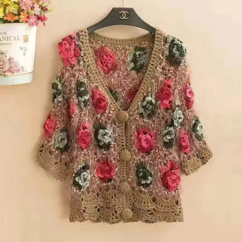 Three-Dimensional Flower Openwork Crocheted Sweater Cardigan Women's Spring And Autumn New Heavy Industry Joker Sweater 3XL Coat - Matrix Studios