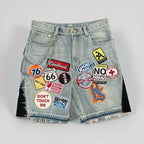 Retro Blue Streetwear Patchwork Denim Short Y2K Jeans Men Women Hip Hop Cartoon Graphics Loose Camo Denim Fitness Casual Shorts