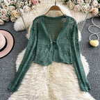 Women Tie Front Crop Cardigan Sheer Openwork Crochet Knit Top Lightweight Bolero Sweater Summer Fairycore Boho Chic Beach Outfit - Matrix Studios