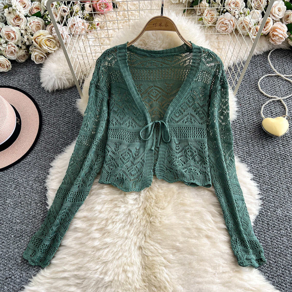 Women Tie Front Crop Cardigan Sheer Openwork Crochet Knit Top Lightweight Bolero Sweater Summer Fairycore Boho Chic Beach Outfit - Matrix Studios