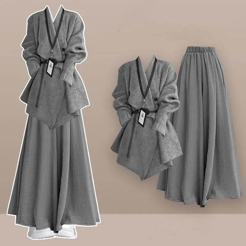 2025 Autumn/Winter New Korean Elegant In Matching Set Women's Fashion Knitted Cardigan Coat+Loose Skirt Pants Two Piece Suit - Matrix-studios.com