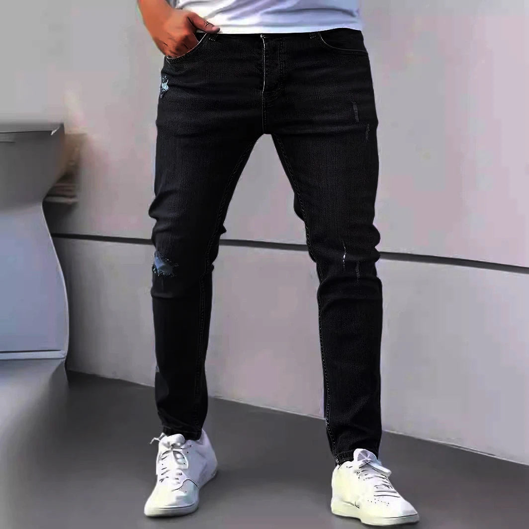 Men's American Retro Hole-Punched Stretch Slim Fit Jeans Zipper Casual Streetwear Denim Pants Classic Black Blue Skinny Trousers - Matrix Studios