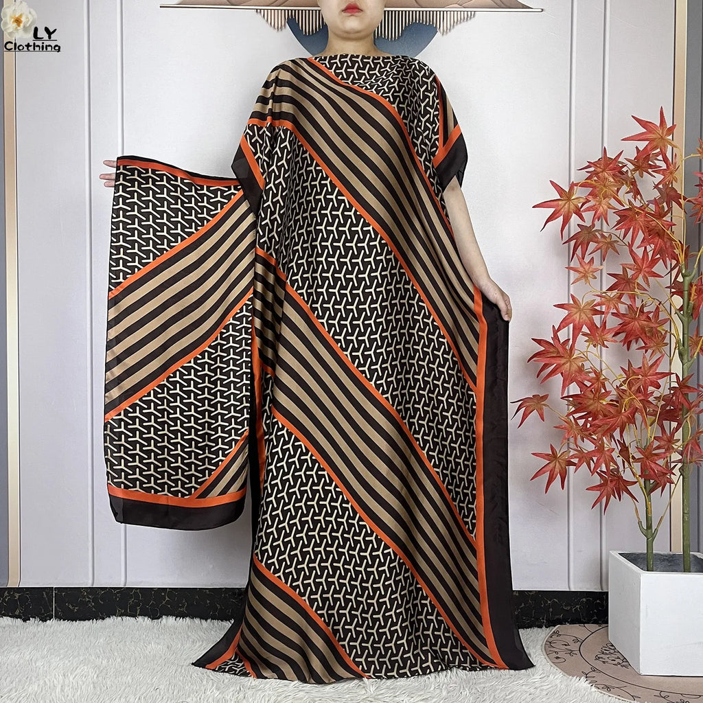 Muslim Abayas For Women 2023 New Fashion Printed Silk Soft Loose Femme Elegant Robe African Maxi Party Dresses With Belt Turban - Matrix-studios.com