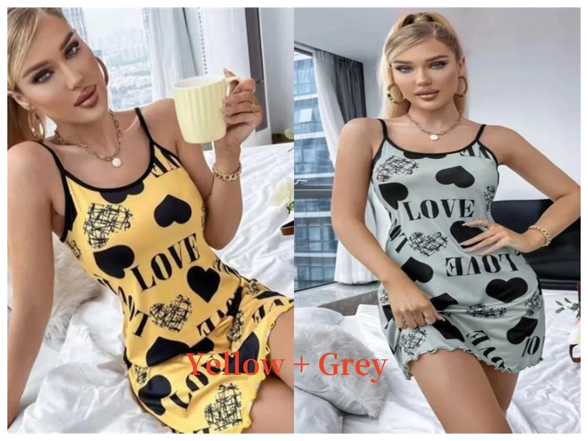 Summer New Women's Nightgown Beauty Back Thin Section Of Home Wear Sexy Halter Short Skirt Love Cartoon Cute Printing Pajamas - Matrix-studios.com