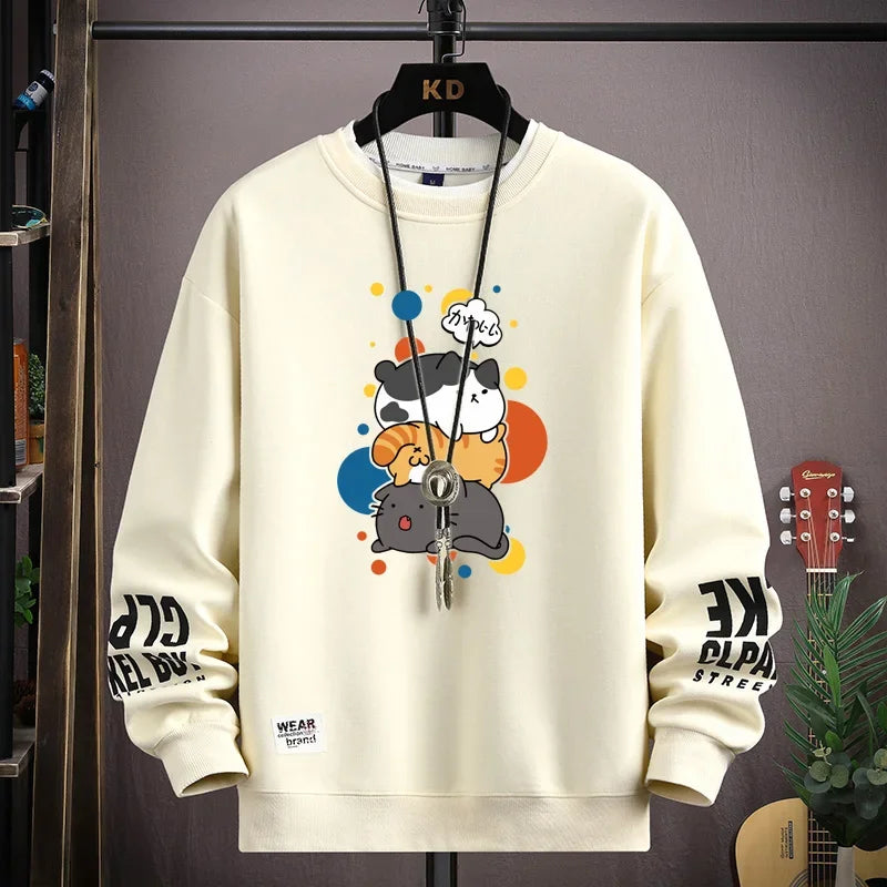 Spring Men's Sweatshirt Japan Cartoon Cats Printed Long Sleeve T-shirt Fashion Men's Clothing Khaki O Neck Harajuku Top 2024 New - Matrix Studios