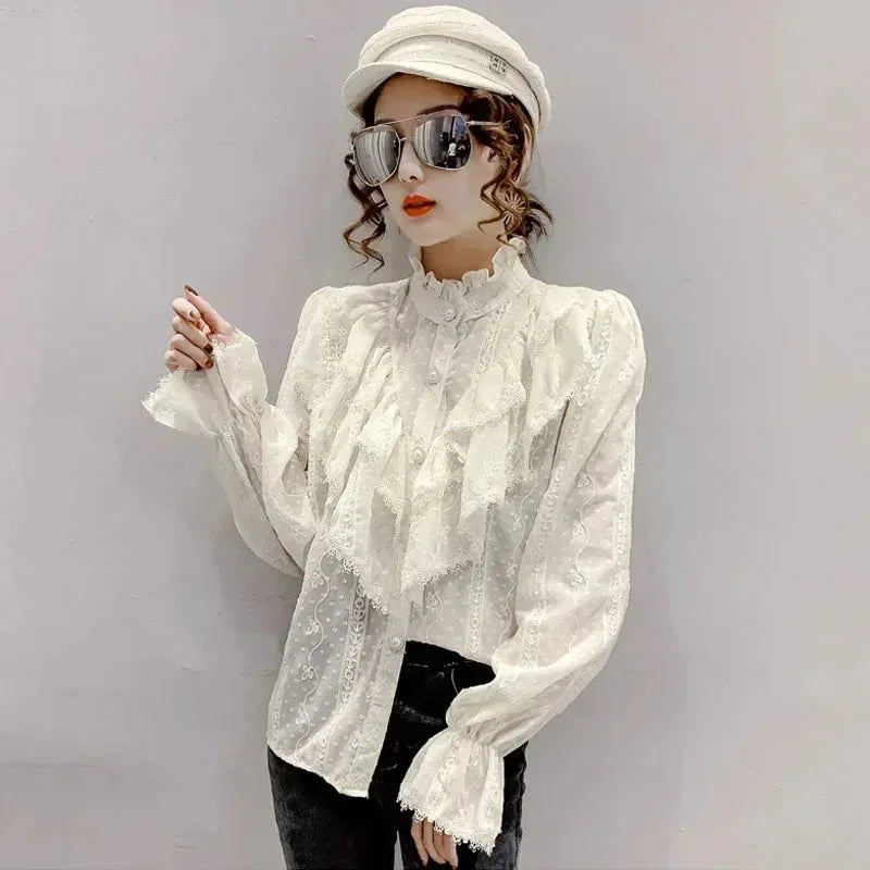 Long Sleeve Loose Spring Fashion Button White Shirt Elegant Stand Collar Pleated Tops Casual Ruffle Lace Blouse Blusas 15832 - Matrix-studios.com