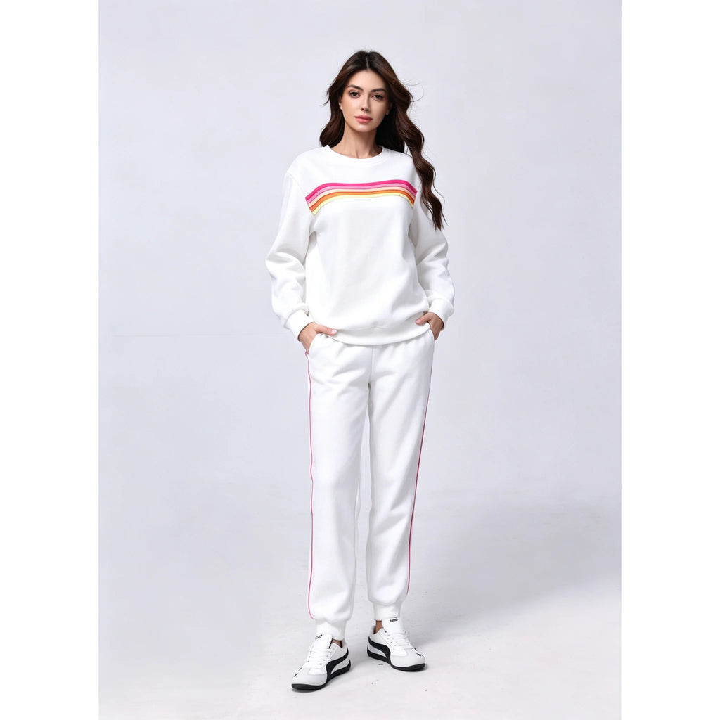 Women's 2 Piece Outfits Rainbow Stripe Sweatsuit Set Long Sleeve Crewneck Sweatshirt Pullover Top & Jogger Pants with Pockets Soft Casual Loungewear Tracksuit Oversized Relaxed Fit Matching Set for Fall Winter Streetwear