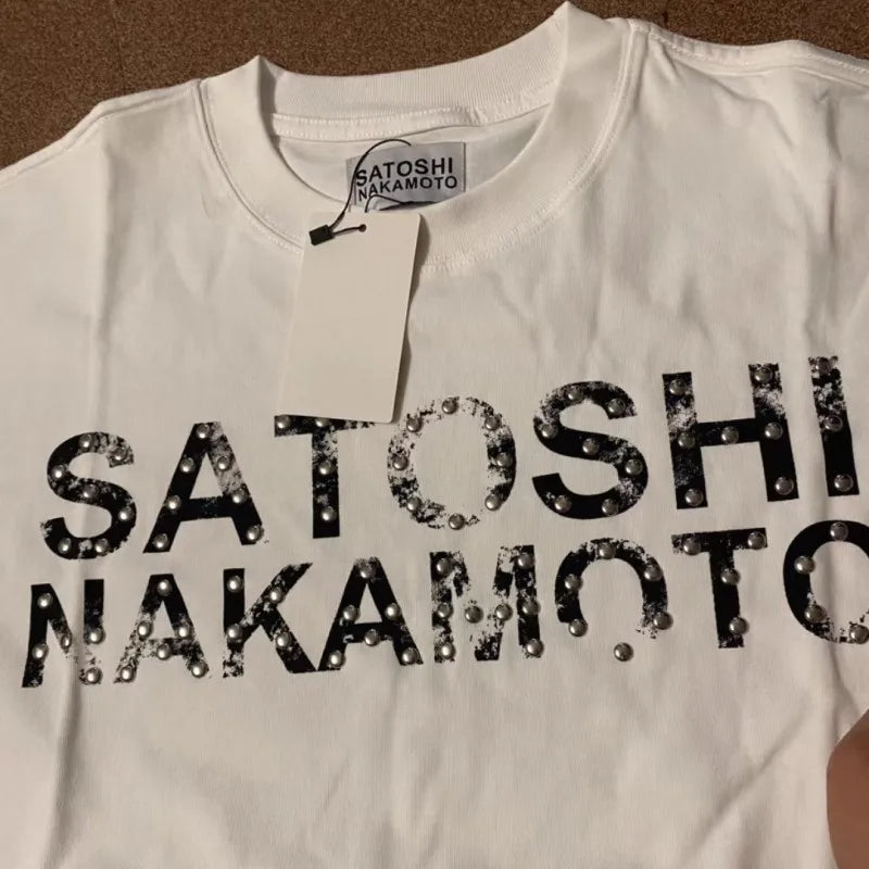 Real Photo SATOSHI Tshirts Vintage Distressed Faded Letter Print Rivets Breathable Cotton Round Neck Short Sleeve Men Women Tops - Matrix-studios.com