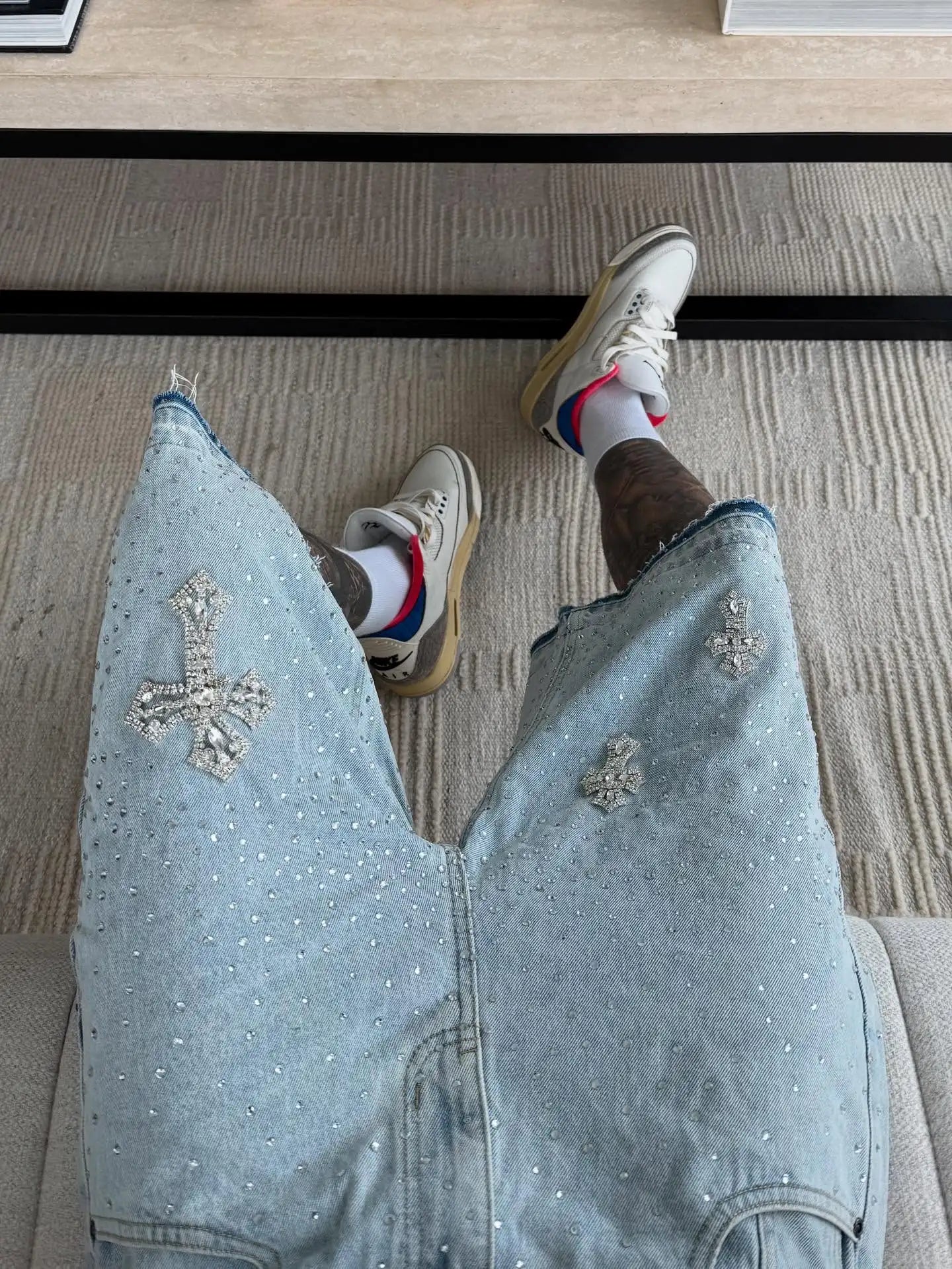 Gothic Rhinestone Cross Embroidery Viral Denim Jorts Y2K Vintage American Trend Gym Shorts Men Women Street Hip Hop Jean Short