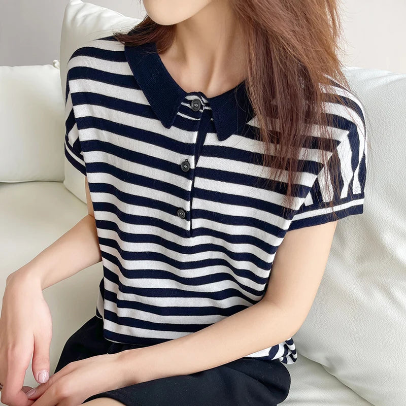 100% pure cotton short sleeved T-shirt women's summer Korean version new polo collar striped knitted sweater loose top - Matrix-studios.com